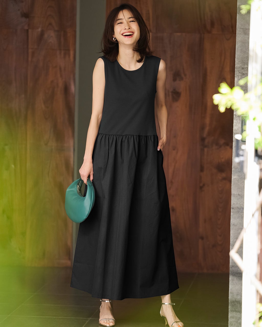 異素材コンビ・ノースリーブワンピース/40代50代からのレディース