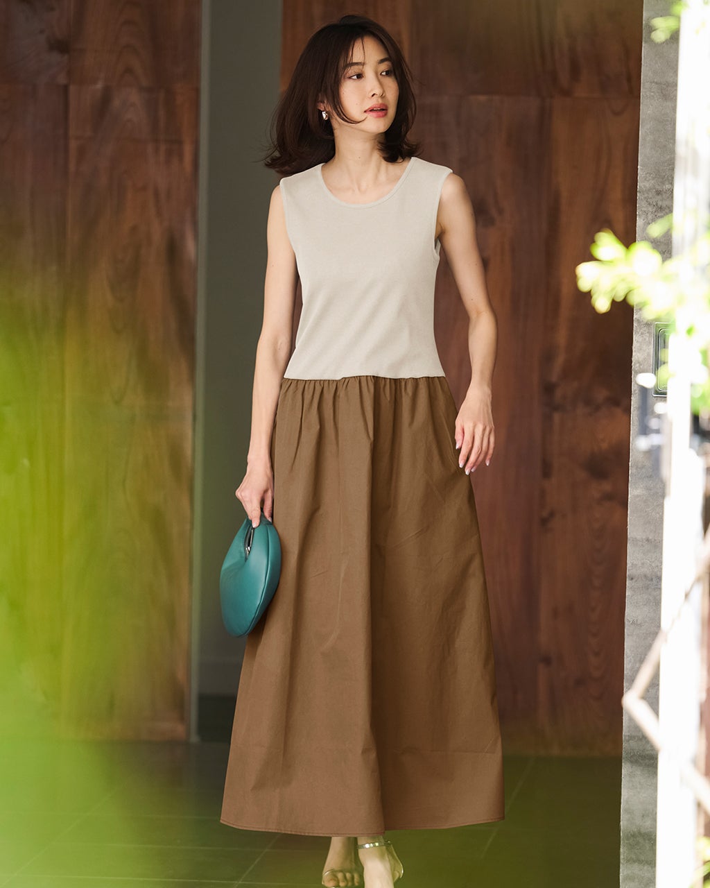 異素材コンビ・ノースリーブワンピース/40代50代からのレディース