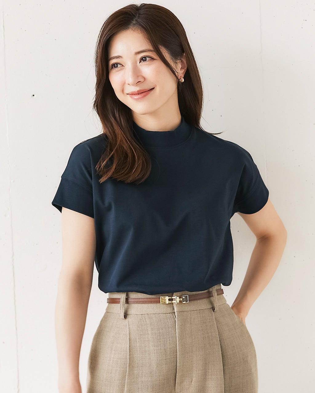 【HERMES】マキシTシャツ コットン100 ラウンドネック無地リブ セール】 綿100％ ランダムリブ ハイネックTシャツ（長袖