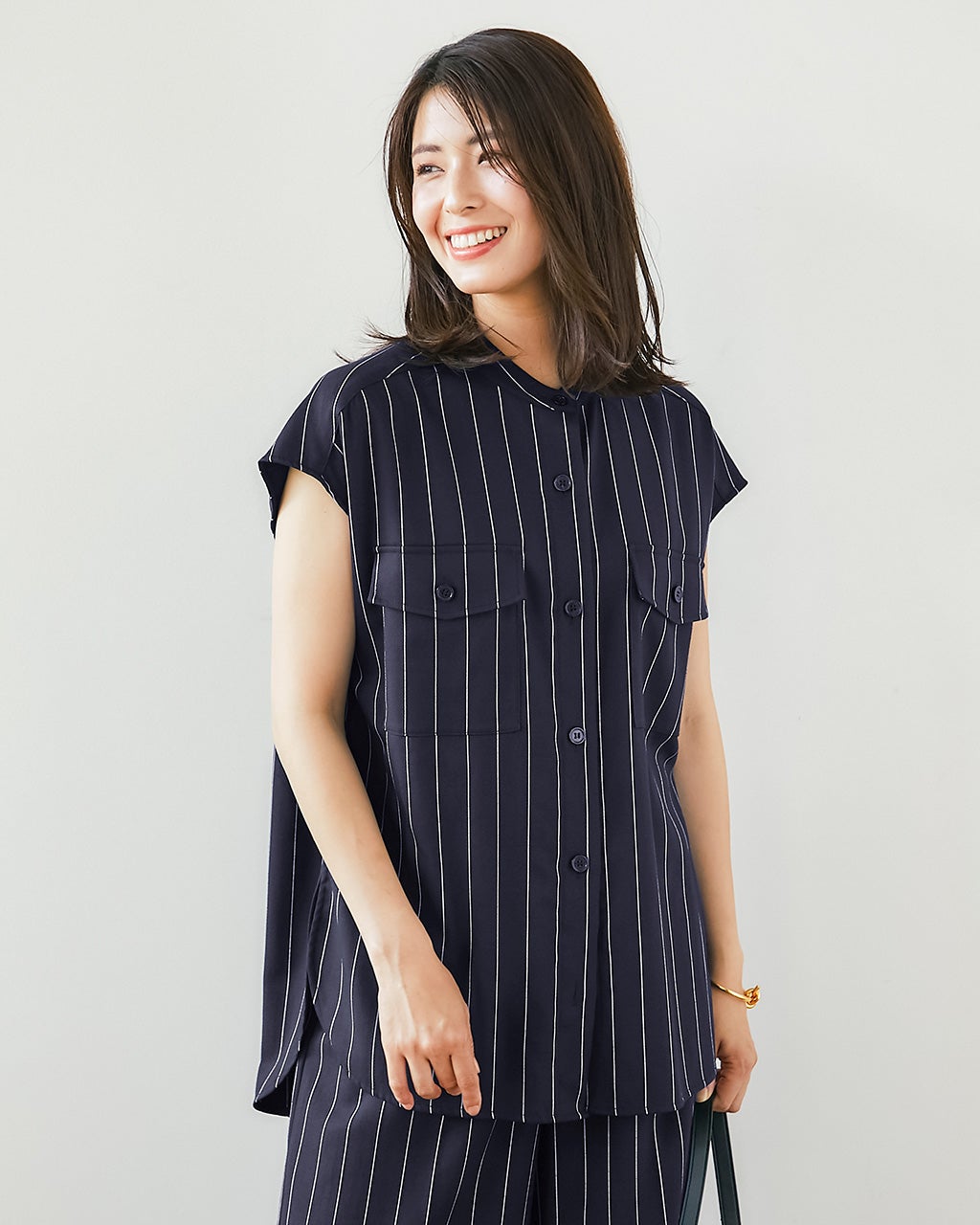 リネンタッチストライプ・バンドカラーシャツ/40代50代からの