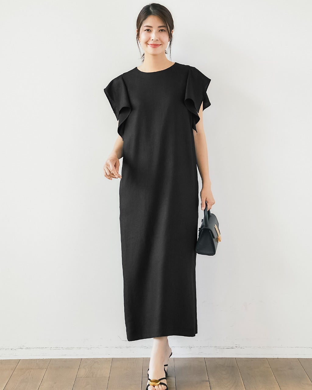 美品 DoCLASSE ダークネイビー 七分袖 フレアワンピース Lace Ladies ドレス 七分袖フレアスカラップネックシンプル