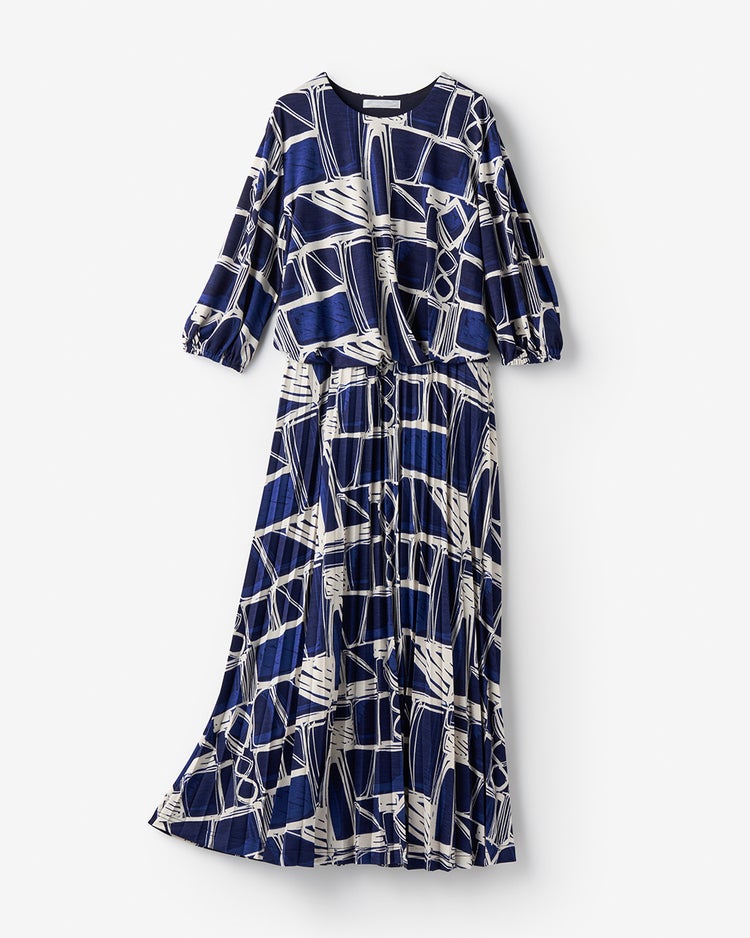 UVスラブ・プリーツワンピース／7分袖 詳細画像 ネイビー&times;ブルー 1