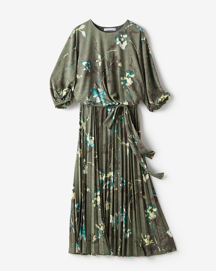 UVスラブ・プリーツワンピース／7分袖 詳細画像 グレー&times;グリーン 1