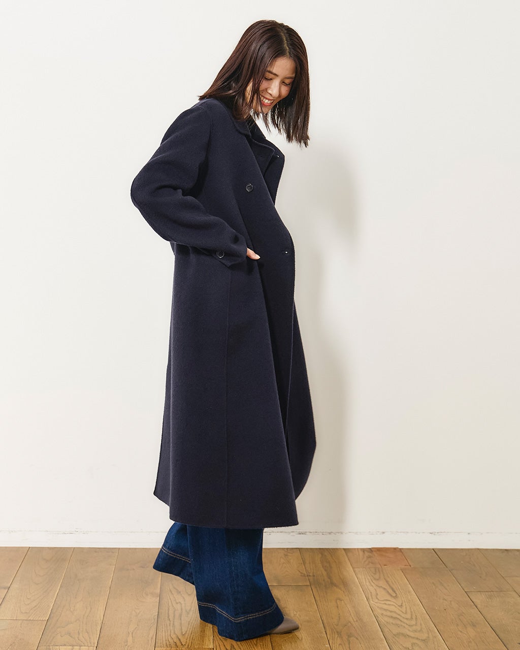 ピュアウールリバー・ダブルブレストロングコート/40代50代からの