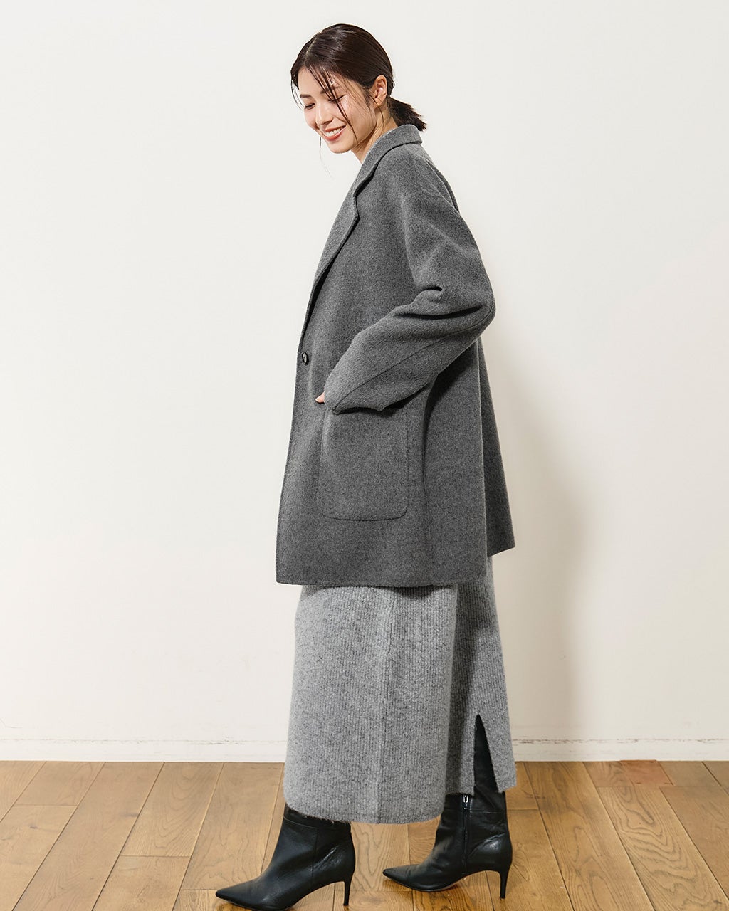 ＤｏＣＬＡＳＳＥ　グレー ウール コート カシミヤ混ウールリバー・ステンカラーコート/DoCLASSE