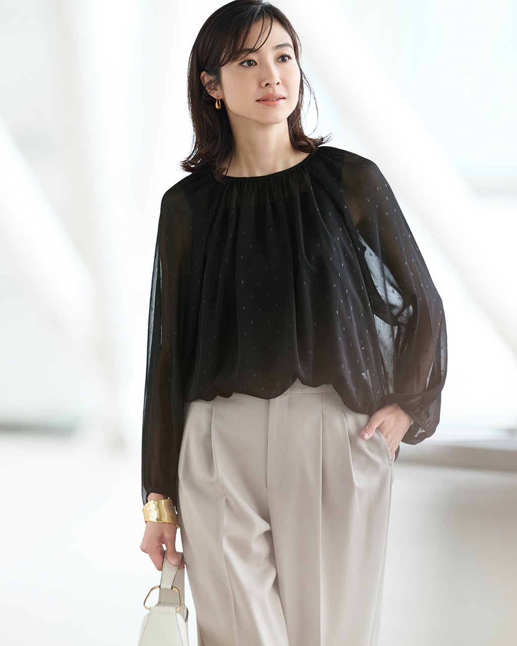 タグ付き 美品 ドゥーズィエムクラス Satin ギャザーブラウス muse ラメカットジャカード・ギャザーブラウス/40代50代からの