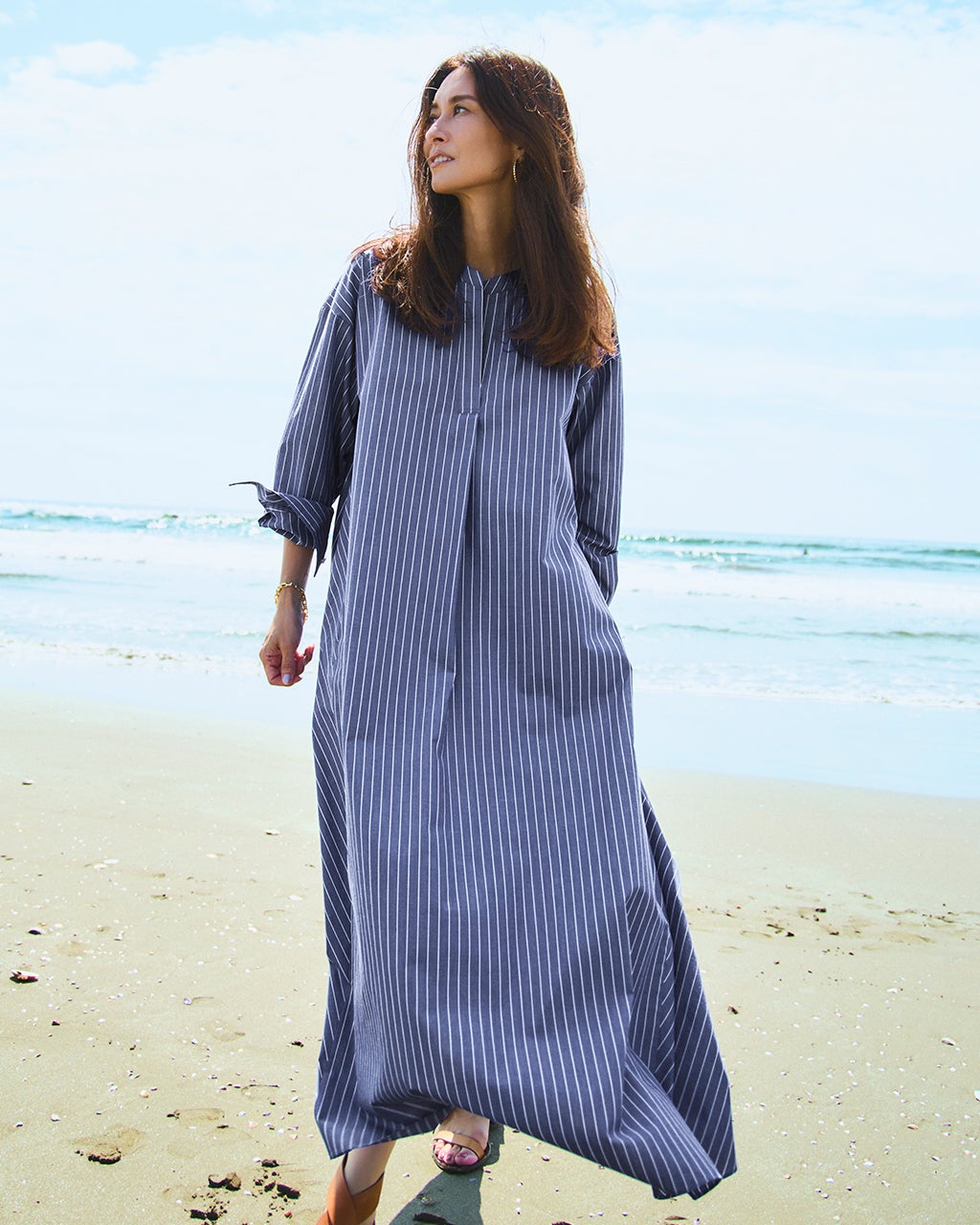 バンドカラー・コットン混シャツワンピース/DoCLASSE