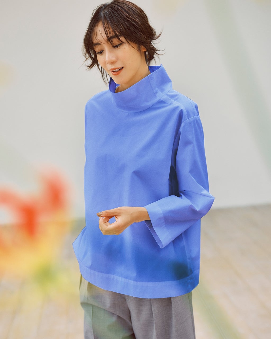 45R♪コットンフリルシャツ　ブルー　スタンドカラー　2 45R♪コットンフリルシャツ ブルー スタンドカラー 2 レディース