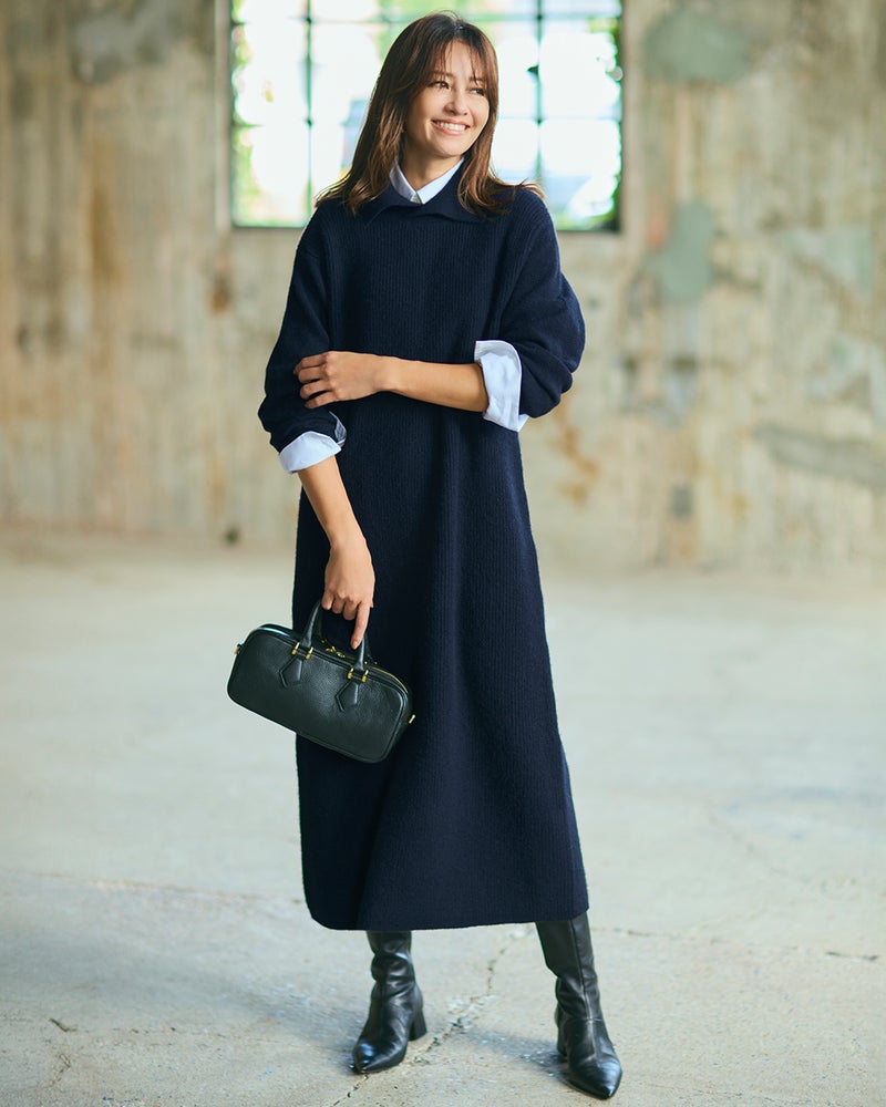 ウール混タム・ワイドカラーワンピース 詳細画像 ネイビー 1