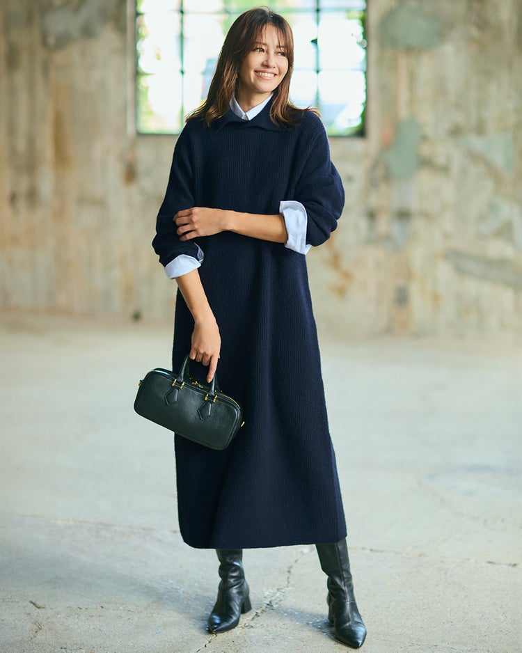 ウール混タム・ワイドカラーワンピース 詳細画像 ネイビー 1