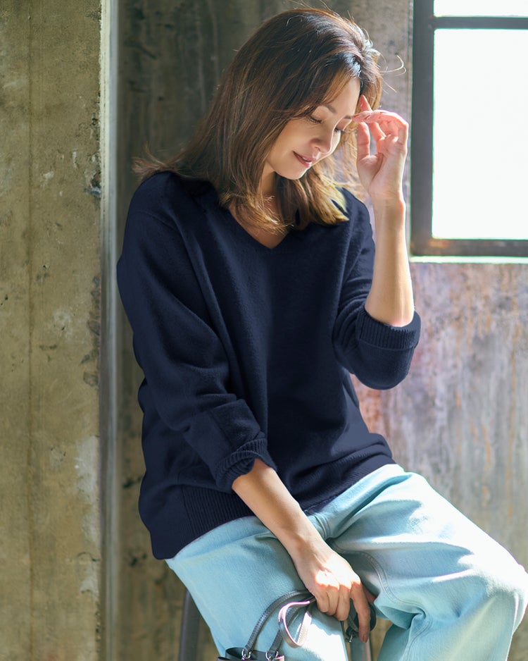 ウール混タム・Vネックロングニット 詳細画像 ネイビー 1