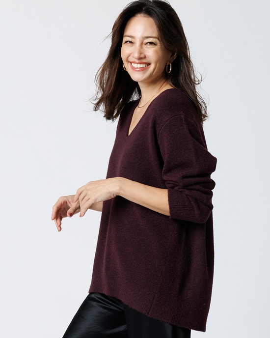 ウール混タム・Vネックロングニット