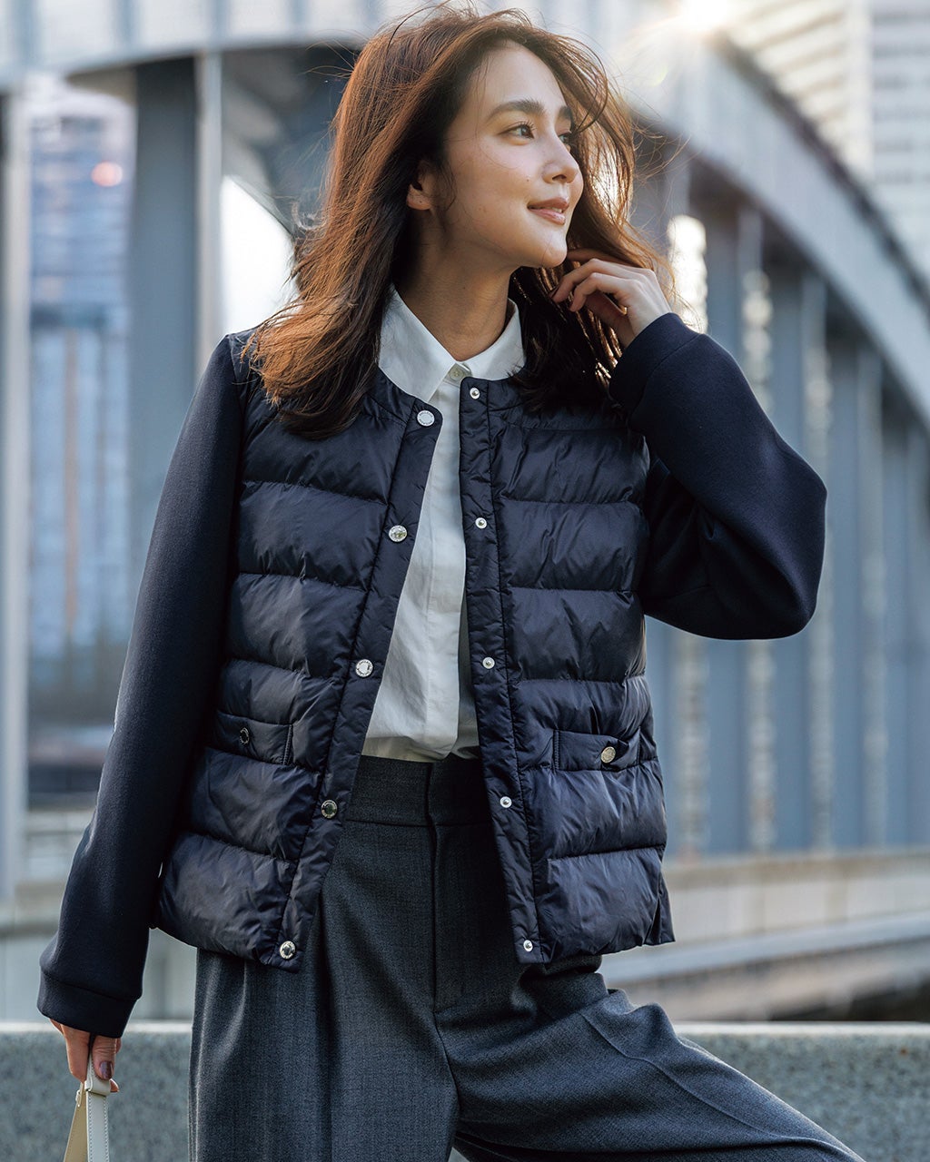 異素材エコダウン・ノーカラージャケット/40代50代からのレディース