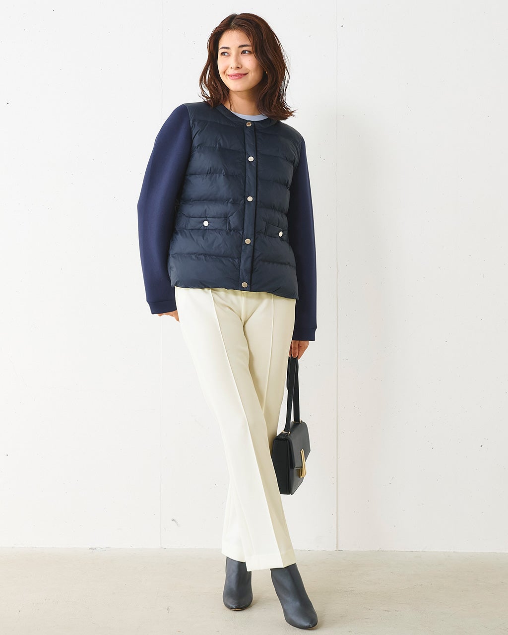 異素材エコダウン・ノーカラージャケット/40代50代からのレディース