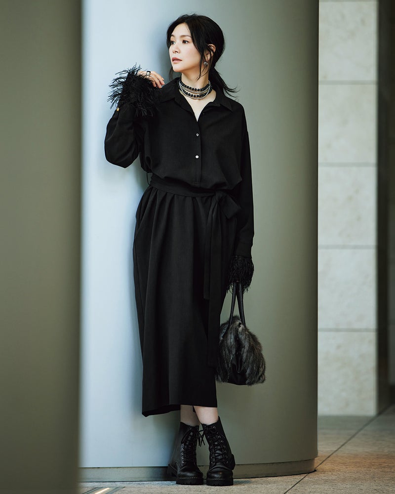 ウールライクストレッチ・2WAY袖ワンピース 詳細画像 ブラック 1