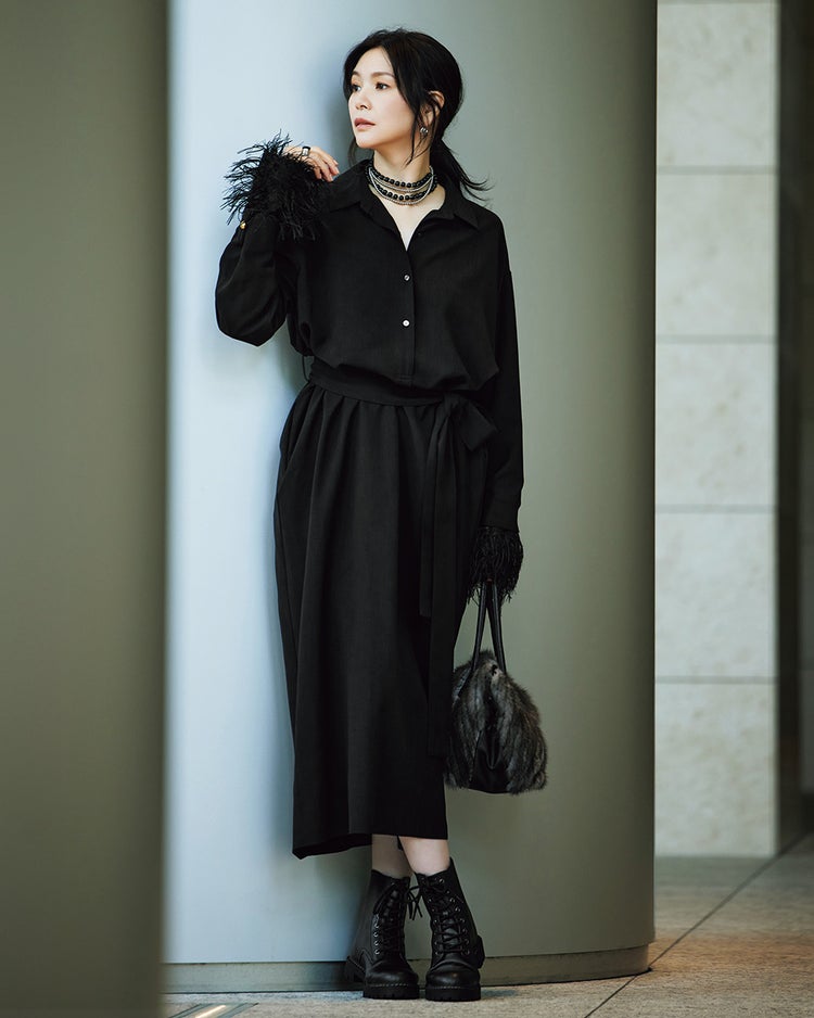 ウールライクストレッチ・2WAY袖ワンピース 詳細画像 ブラック 1