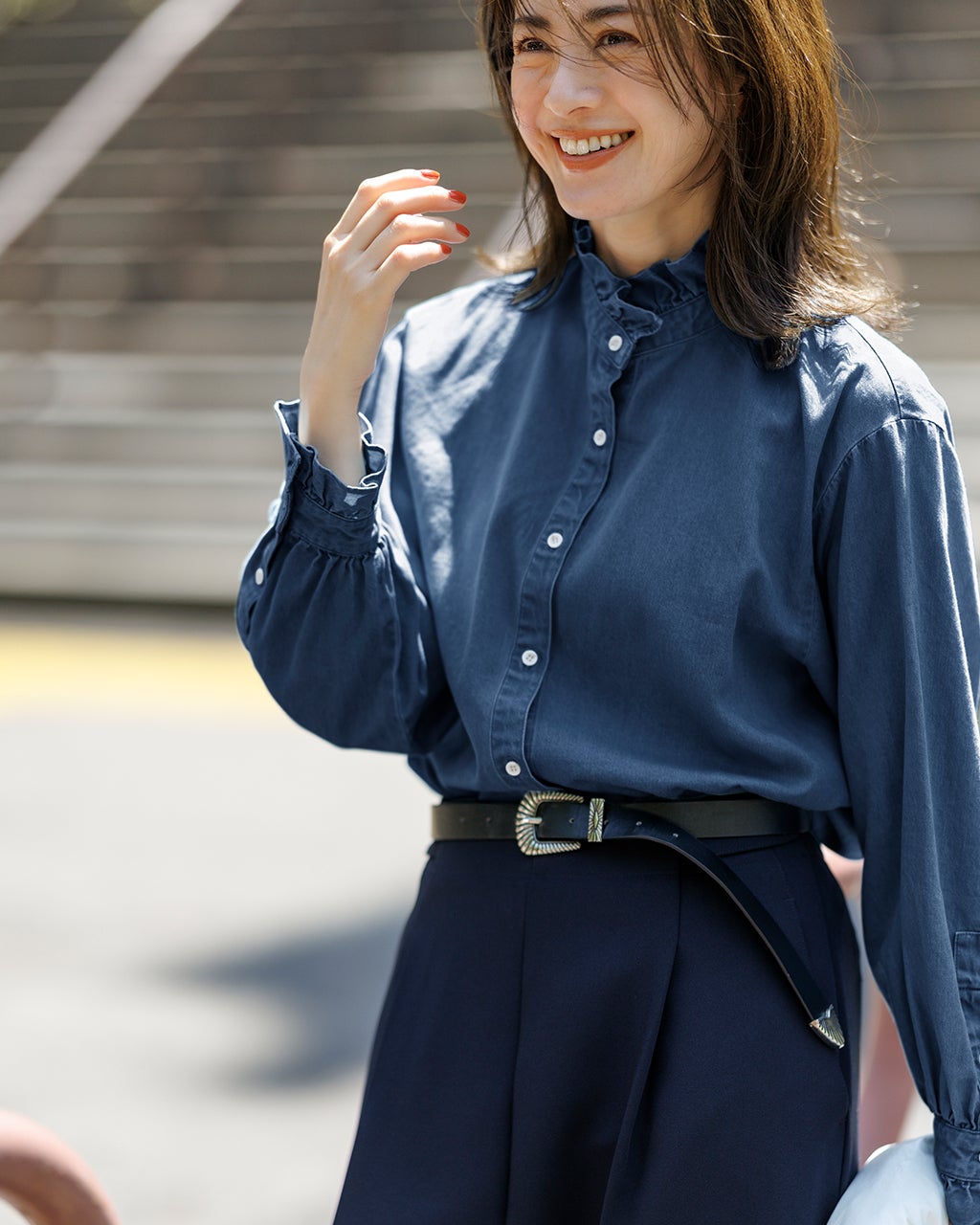 ドレープデニム・フリルスタンドカラーブラウス/40代50代からの