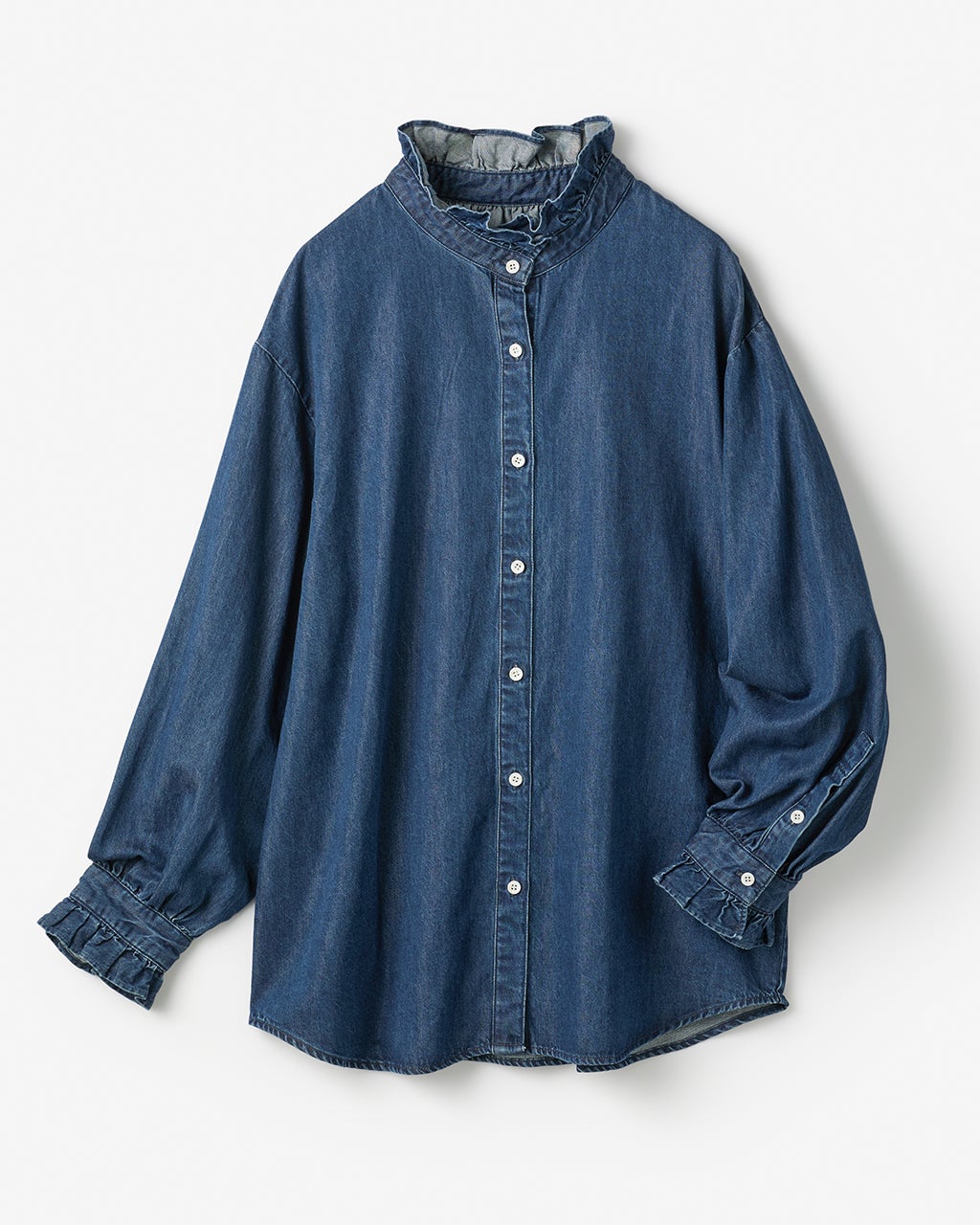 tumugu デニム　フリルスタンドカラーシャツ 新品未使用です。 インディゴ tumugu ツムグ 4.5oz コットン リネン デニム フリル シャツ tb25403