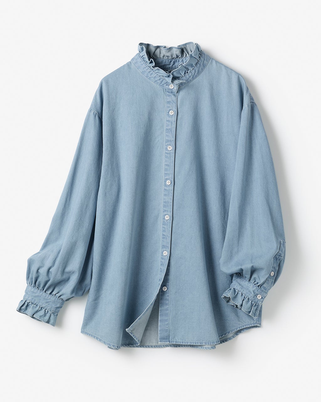 ドレープデニム・フリルスタンドカラーブラウス/40代50代からの