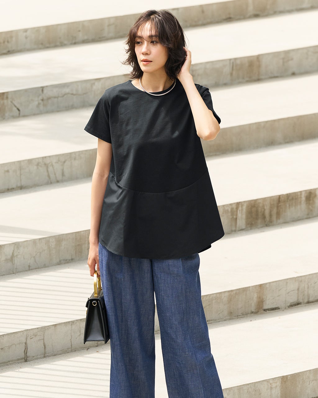 高密度シルコットン・異素材フレアトップス/40代50代からの