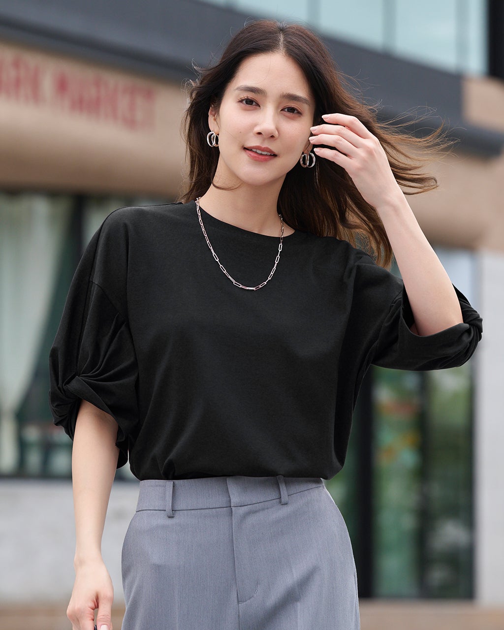 スーピマT・ツイストギャザースリーブ/40代50代からの