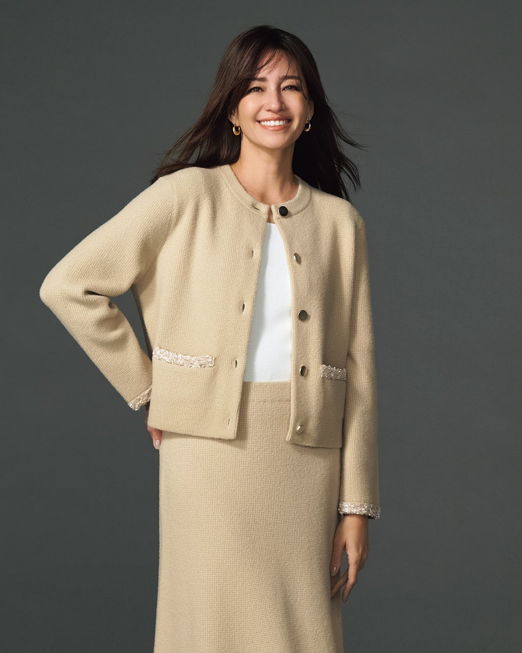 ワッフルニット・ツイードトリムジャケット/40代50代からのレディース