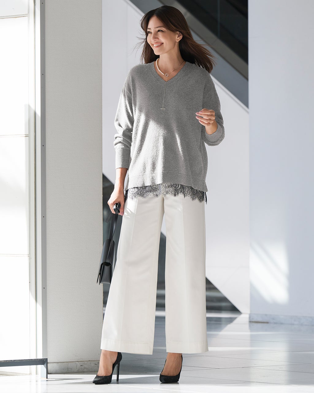 【サックス3】袖レースVネックニット natural couture ニット セーター 「WEB限定」レースVネックニット