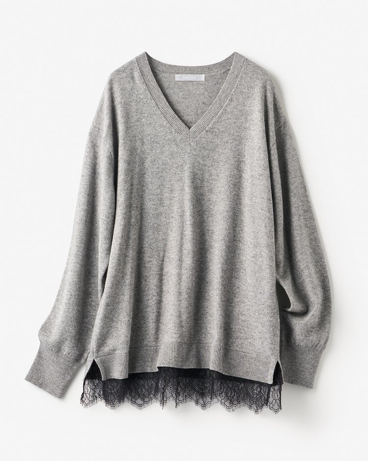 カシミヤ混・裾レースVネックニット 詳細画像 グレー 3