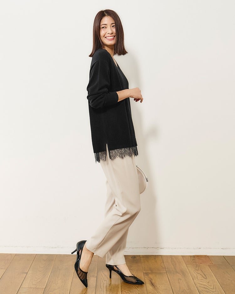 カシミヤ混・裾レースVネックニット 詳細画像 ブラック 4