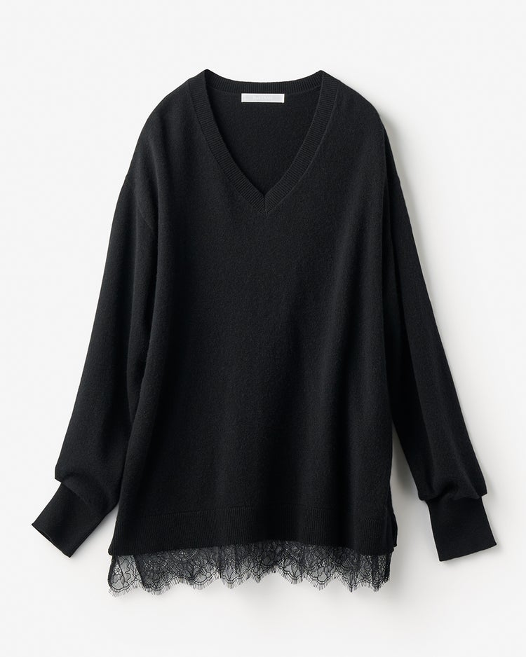 カシミヤ混・裾レースVネックニット 詳細画像 ブラック 6