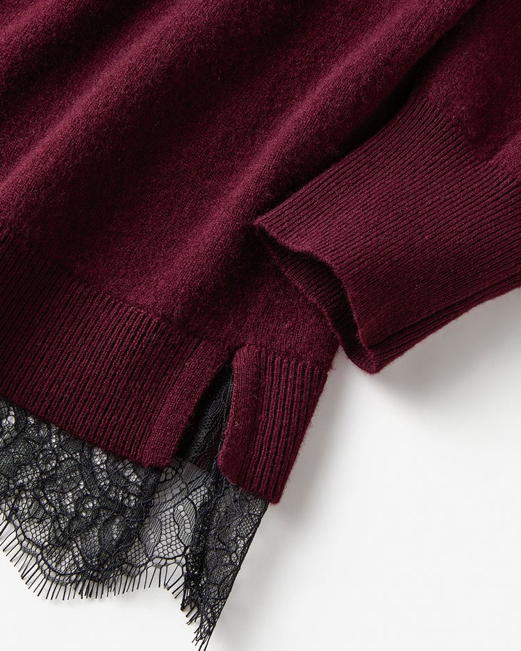 カシミヤ混・裾レースVネックニット 詳細画像 ボルドー 2