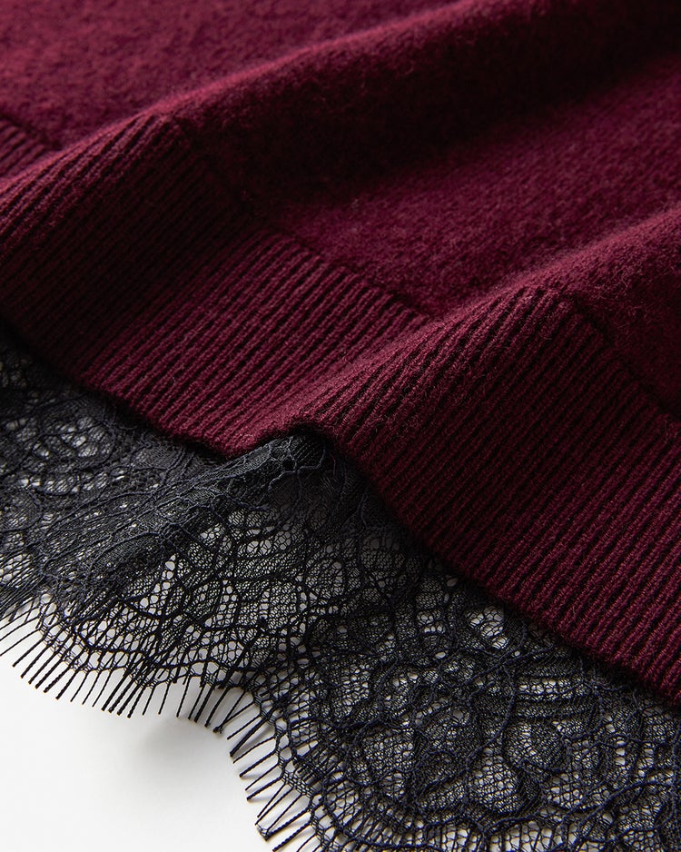 カシミヤ混・裾レースVネックニット 詳細画像 ボルドー 3