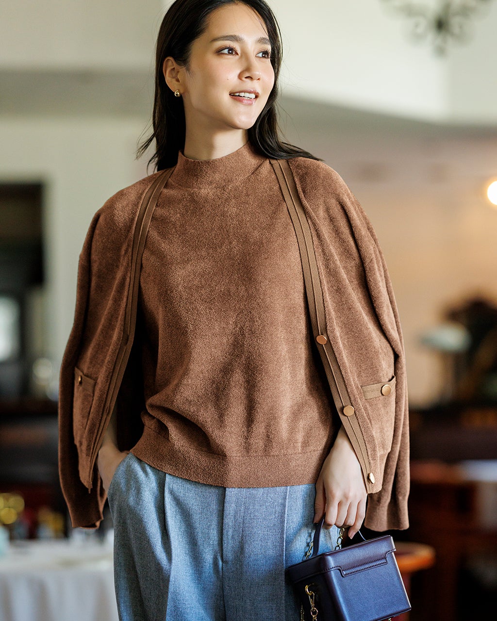 45rpmマスタードチェックハイネックニット 45rpmマスタードチェックハイネックニット