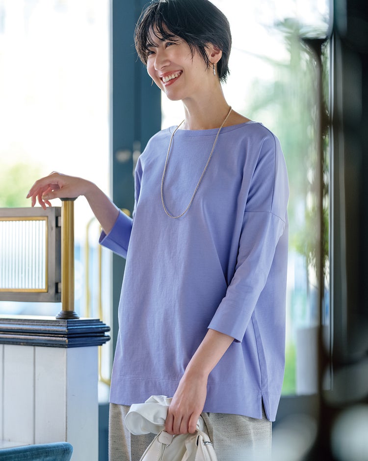 高密度シルコットン・7分袖Tシャツ／63cm丈 詳細画像 サックス 1