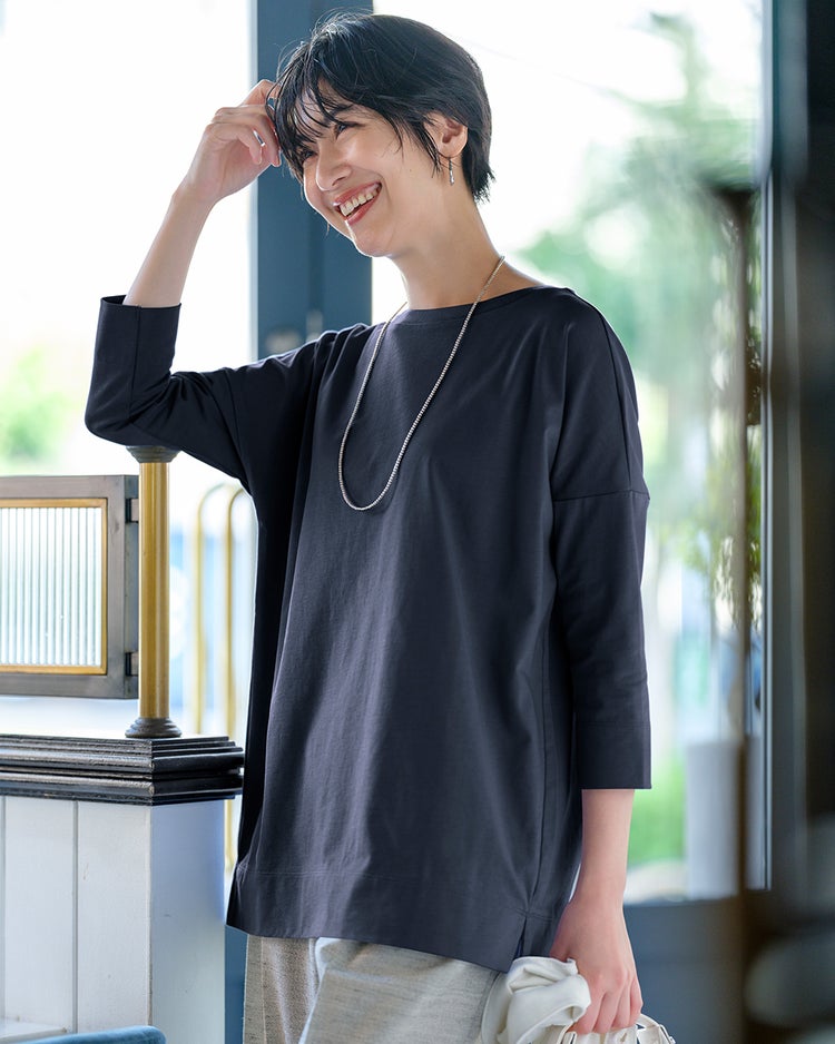 高密度シルコットン・7分袖Tシャツ／63cm丈 詳細画像 ミッドナイトブルー 1