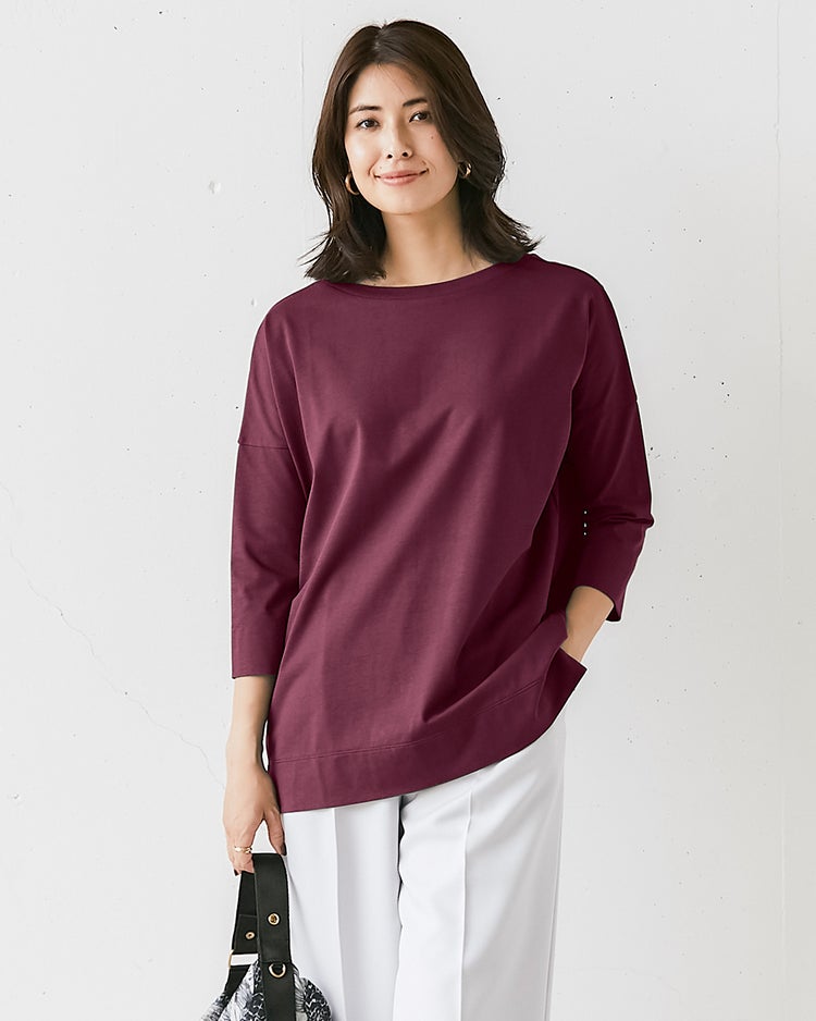 高密度シルコットン・7分袖Tシャツ／63cm丈 詳細画像 ボルドー 1
