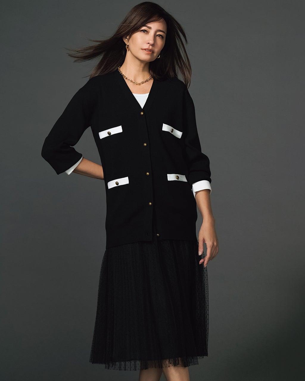 総針編み・飾りポケットVカーディガン/DoCLASSE