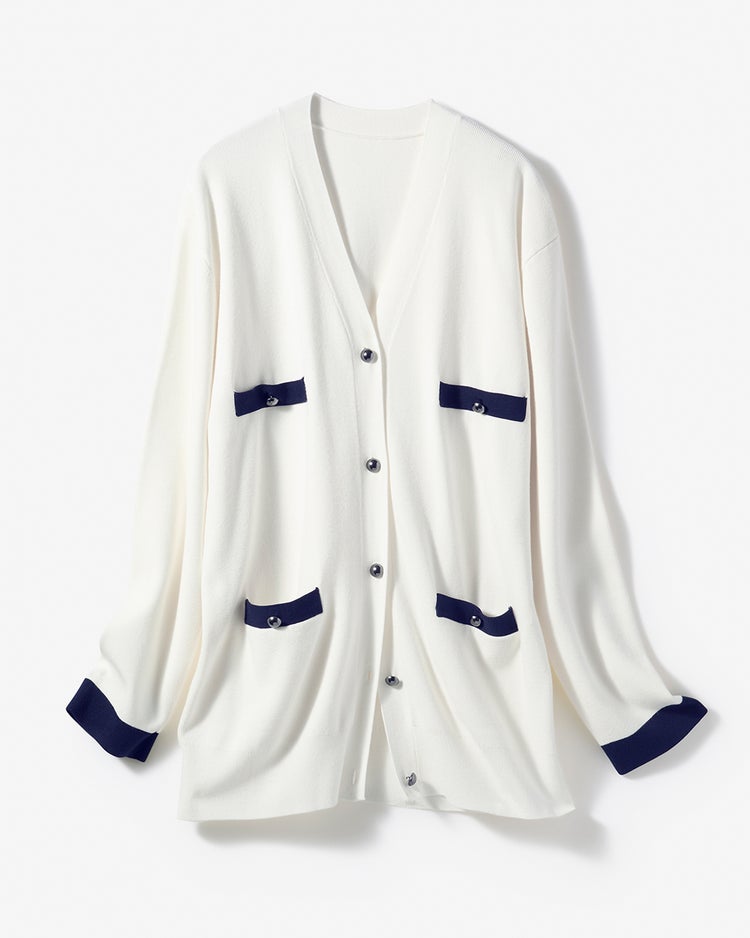 総針編み・飾りポケットVカーディガン 詳細画像 ホワイト・パターン 4