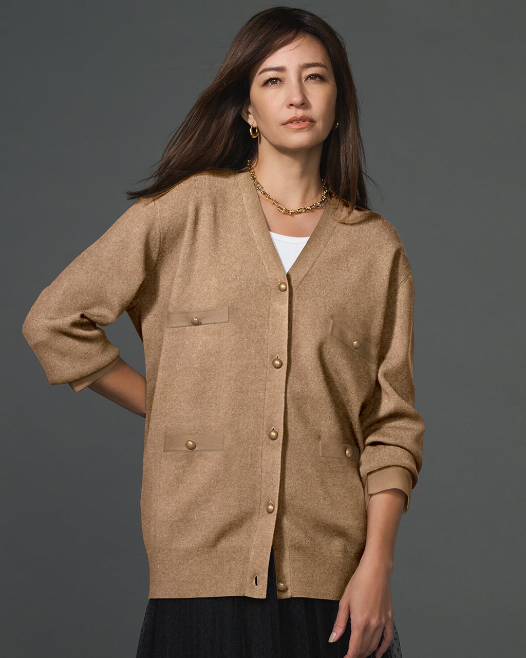 総針編み・飾りポケットVカーディガン/DoCLASSE