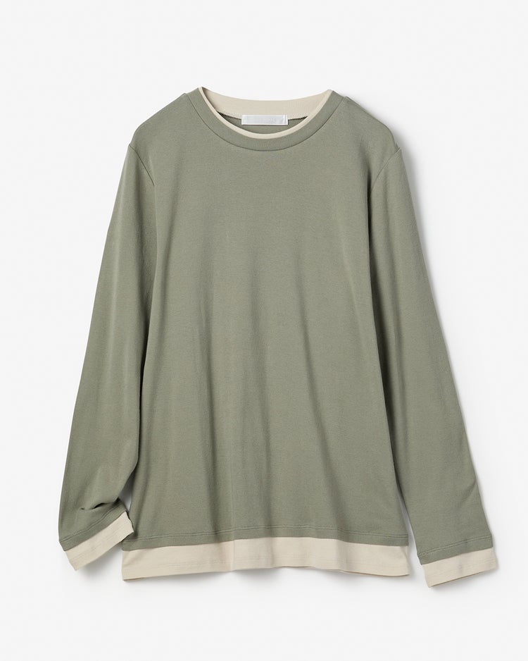 コットンガーゼ・配色クルーネック/長袖 詳細画像 カーキグレー 3
