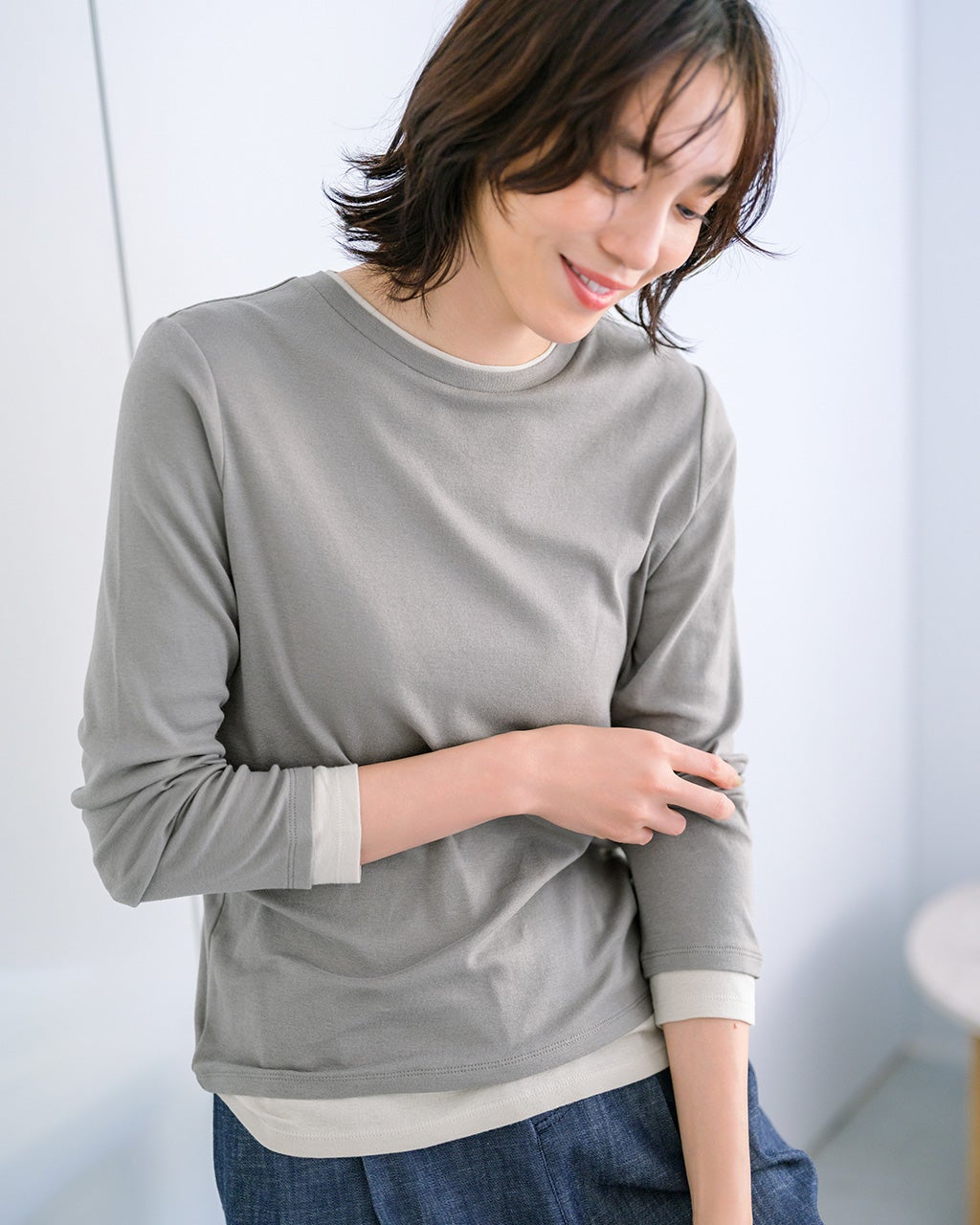 コットンガーゼ・配色クルーネック/長袖/DoCLASSE