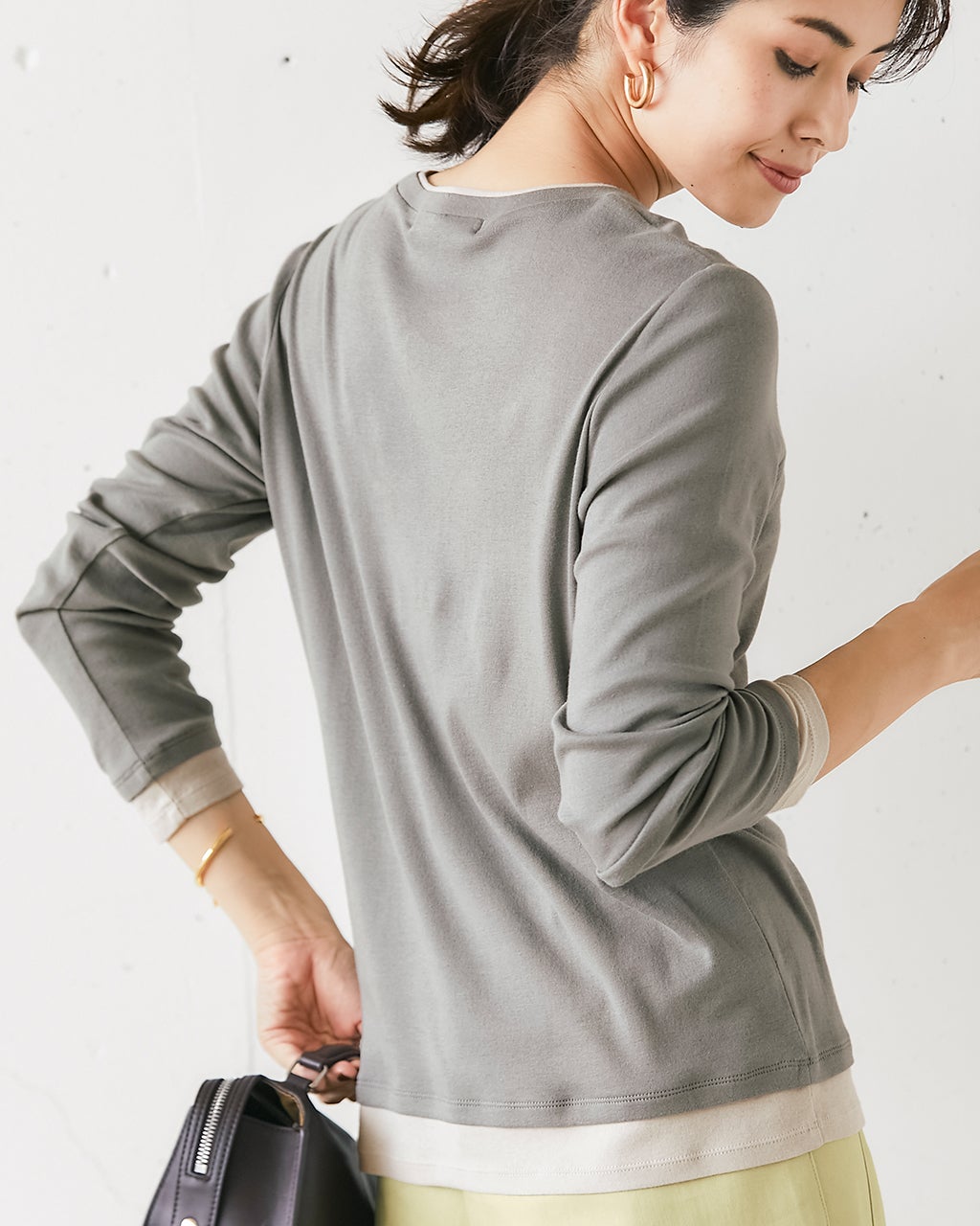 コットンガーゼ・配色クルーネック/長袖/40代50代からのレディース