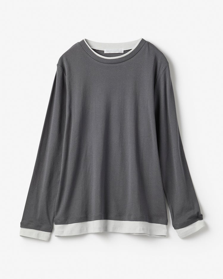 コットンガーゼ・配色クルーネック/長袖 詳細画像 チャコール 1