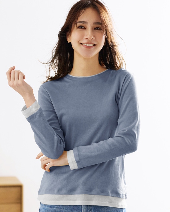 コットンガーゼ・配色クルーネック/長袖