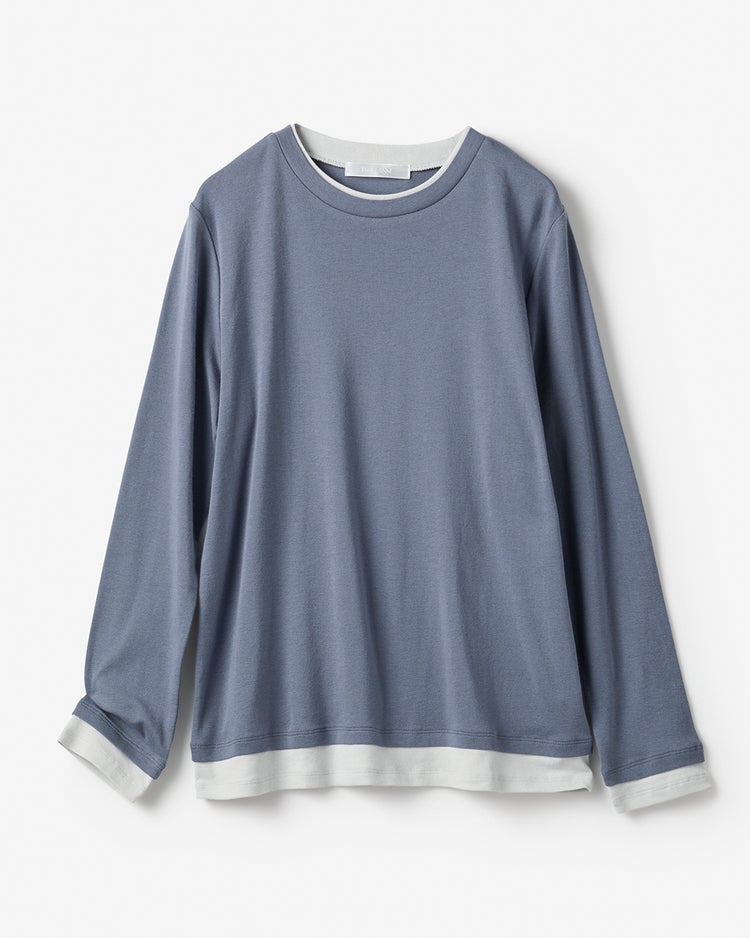 コットンガーゼ・配色クルーネック/長袖 詳細画像 ブルーグレー 3