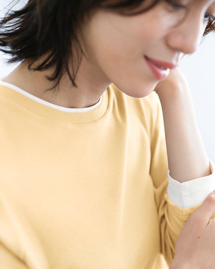 コットンガーゼ・配色クルーネック／8分袖 詳細画像 イエロー 1