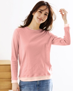 コットンガーゼ・配色クルーネック/長袖