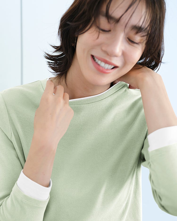 コットンガーゼ・配色クルーネック／8分袖 詳細画像 ペールグリーン 1