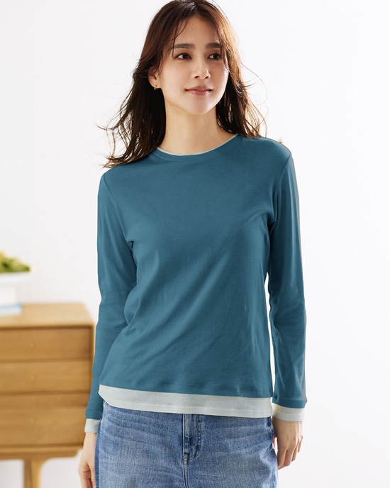 コットンガーゼ・配色クルーネック/長袖