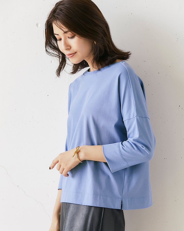高密度シルコットン・7分袖Tシャツ／52cm丈 詳細画像 サックス 1